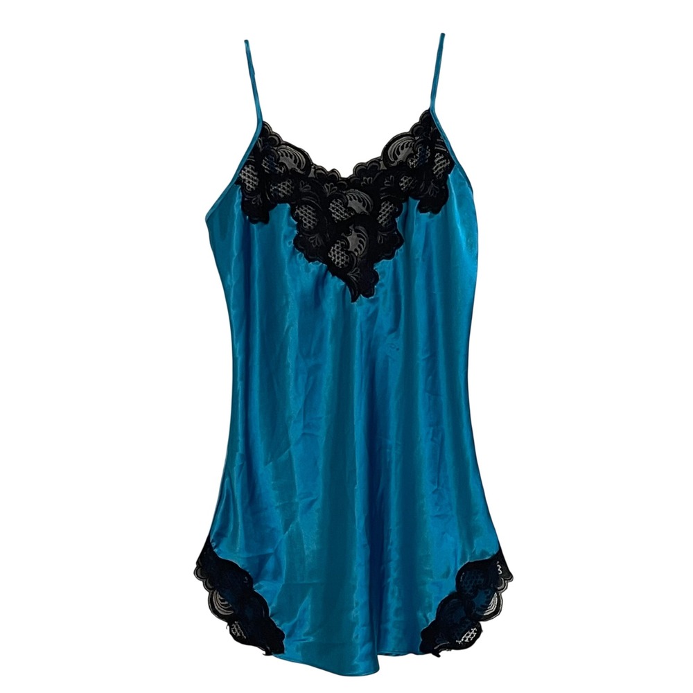 Vintage Victorias Secret Gold Label Teal Satin Black Lace‎ Chemise Slip Medium